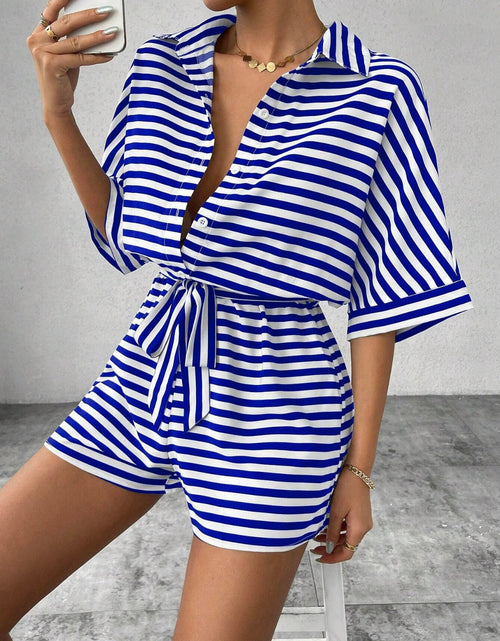 Load image into Gallery viewer, Tie Waist Half Button Striped Romper
