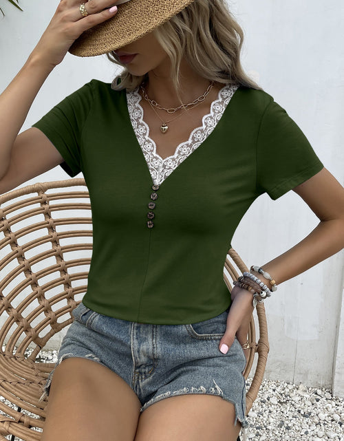 Load image into Gallery viewer, Ivy Lane Lace Trim V-Neck Short Sleeve Blouse
