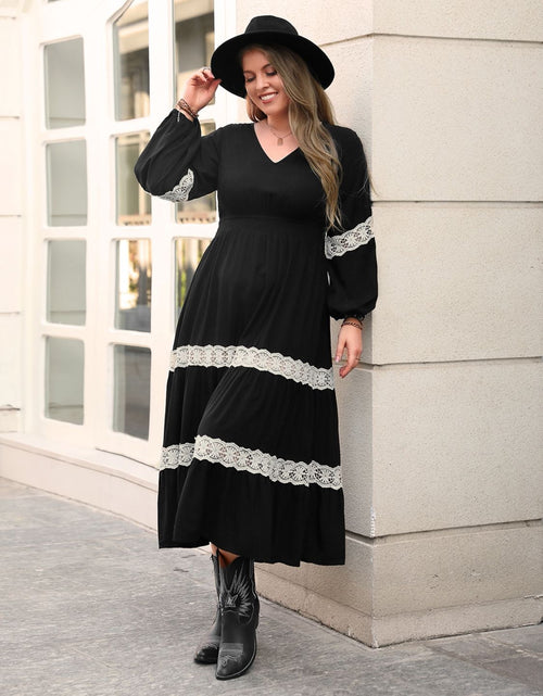 Load image into Gallery viewer, Plus Size Lace Detail V-Neck Long Sleeve Midi Dress
