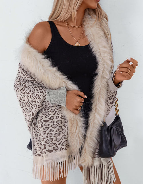 Load image into Gallery viewer, Fringe Leopard Open Front Long Sleeve Poncho

