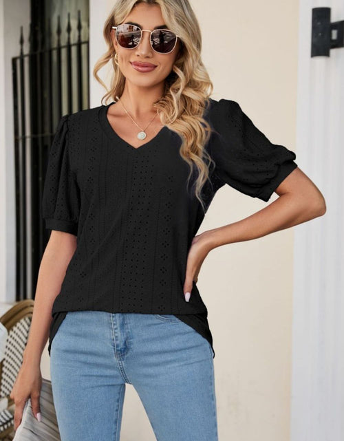 Load image into Gallery viewer, Eyelet Puff Sleeve V-Neck Top
