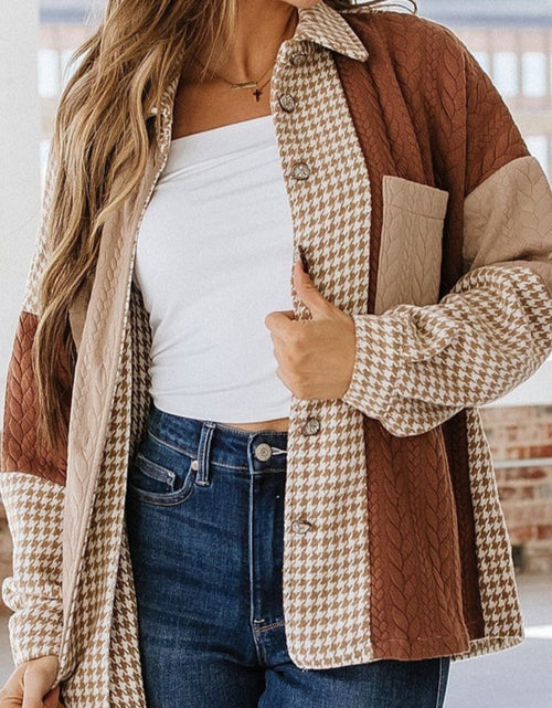 Load image into Gallery viewer, Color Block Houndstooth Collared Neck Shacket
