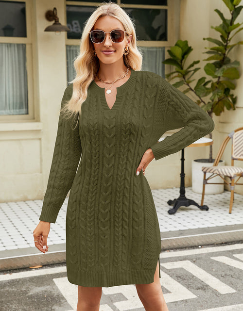 Load image into Gallery viewer, Notched Neck Cable-Knit Slit Sweater Dress
