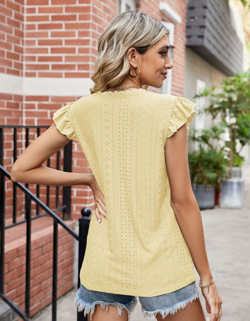 Load image into Gallery viewer, Eyelet Flutter Sleeve Scalloped V-Neck Top
