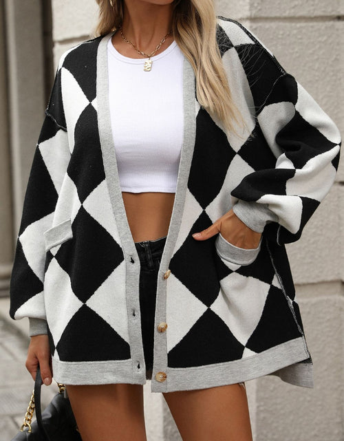 Load image into Gallery viewer, Checkered Dropped Shoulder Long Sleeve Cardigan
