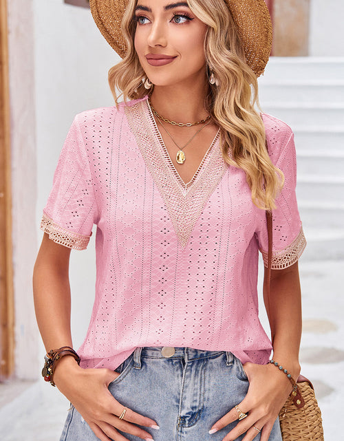 Load image into Gallery viewer, Eyelet V-Neck Short Sleeve T-Shirt

