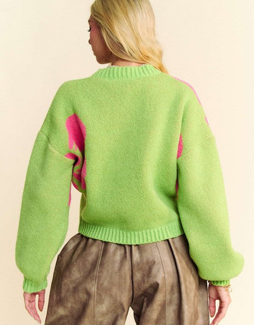 Load image into Gallery viewer, Davi &amp; Dani Flower Contrast Round Neck Long Sleeve Cardigan
