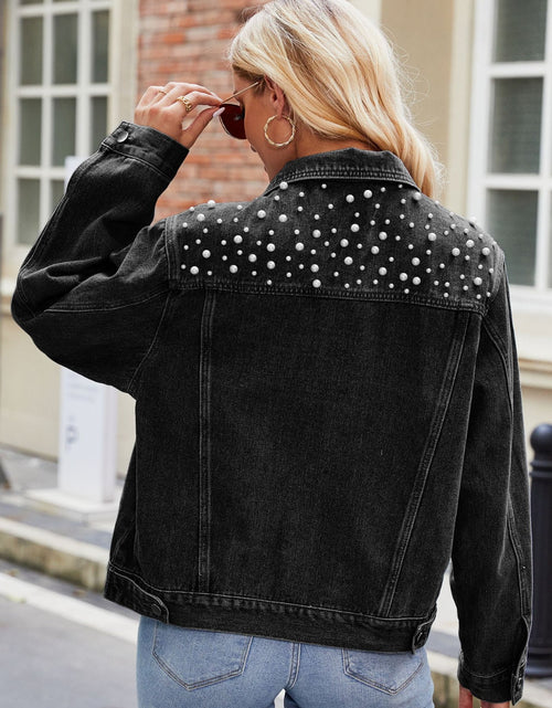 Load image into Gallery viewer, Pearl Detail Collared Neck Long Sleeve Denim Jacket
