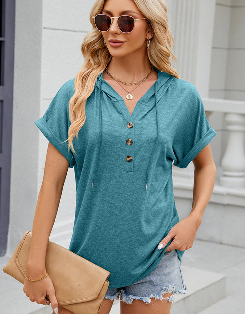 Load image into Gallery viewer, Half Button Drawstring Short Sleeve Hooded T-Shirt
