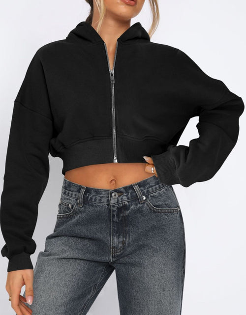 Load image into Gallery viewer, Zip Up Long Sleeve Hooded Cropped Jacket
