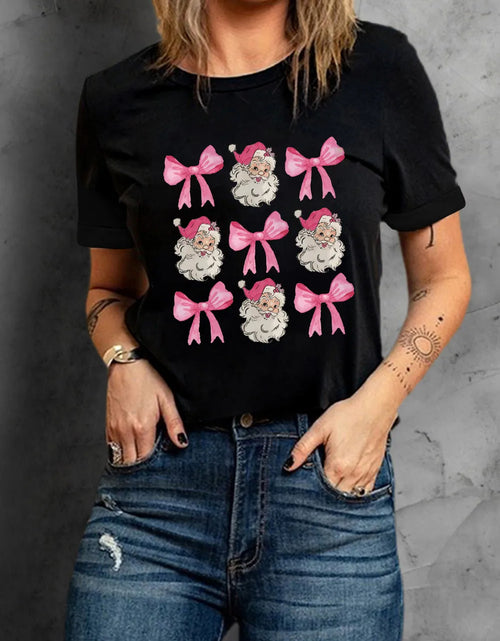 Load image into Gallery viewer, Santa &amp; Bow Graphic Round Neck Short Sleeve T-Shirt
