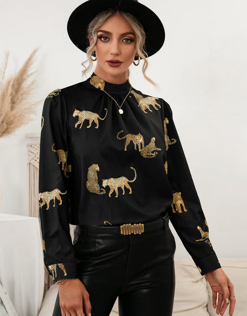 Load image into Gallery viewer, Ivy Lane Leopard Graphic Mock Neck Puff Sleeve Blouse
