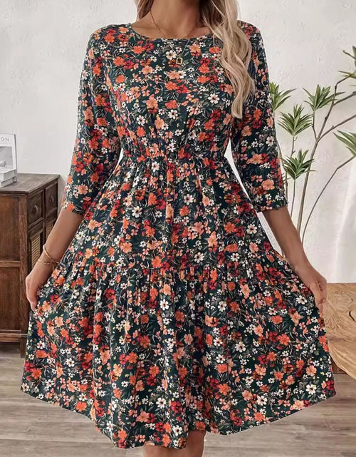 Load image into Gallery viewer, Frill Floral Round Neck Dress
