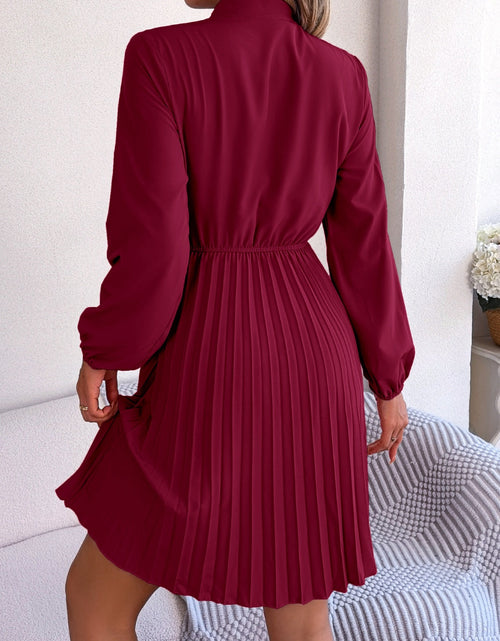 Load image into Gallery viewer, Tie Neck Balloon Sleeve Pleated Dress
