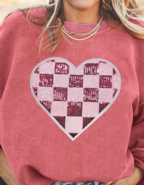 Load image into Gallery viewer, Valentine’s Day Sequin Checkered Heart Long Sleeve Sweatshirt
