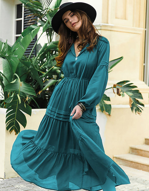Load image into Gallery viewer, Tie Neck Long Sleeve Midi Tiered Dress
