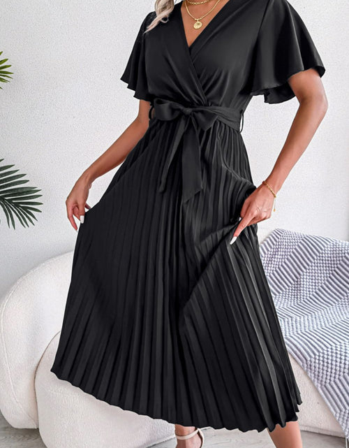 Load image into Gallery viewer, Pleated Flutter Sleeve Belted Dress
