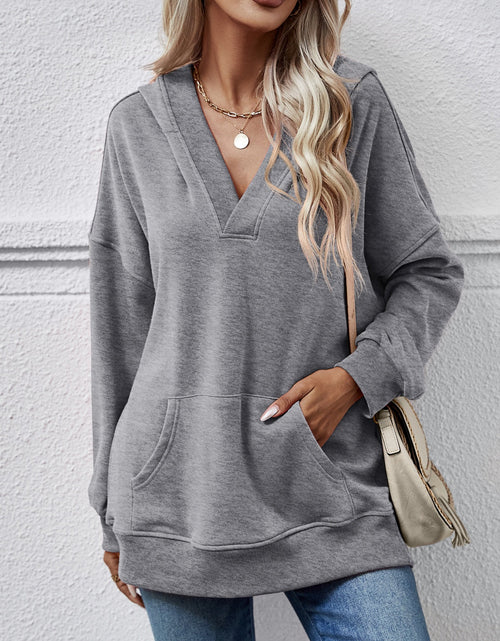Load image into Gallery viewer, V-Neck Drop Shoulder Long Sleeve Hoodie

