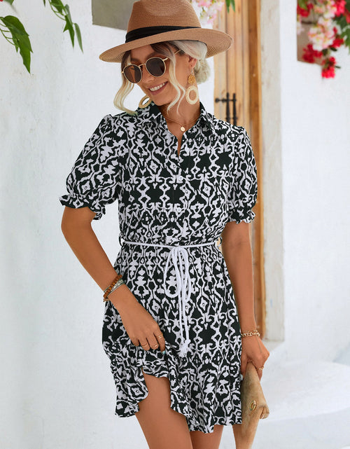 Load image into Gallery viewer, Printed Tie Waist Collared Flounce Sleeve Dress
