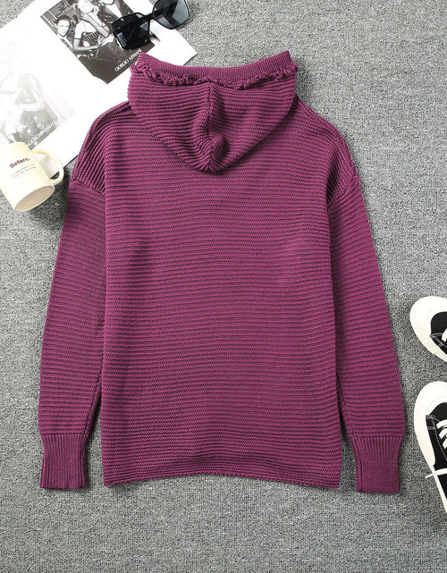 Load image into Gallery viewer, Woven Right Horizontal Ribbing Fringe Trim Hooded Sweater
