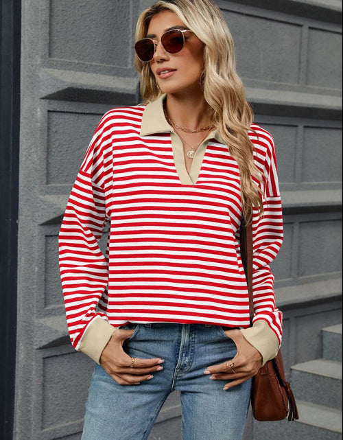 Load image into Gallery viewer, Striped Johnny Collar Long Sleeve Sweatshirt
