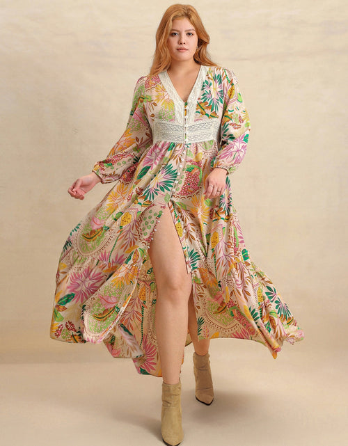 Load image into Gallery viewer, Plus Size Lace Detail Printed V-Neck Balloon Sleeve Dress
