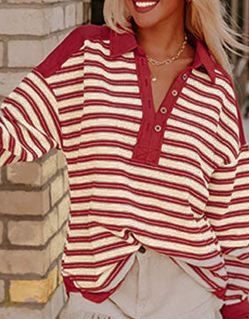 Load image into Gallery viewer, Stripe Johnny Collar Drop Shoulder Sweatshirt
