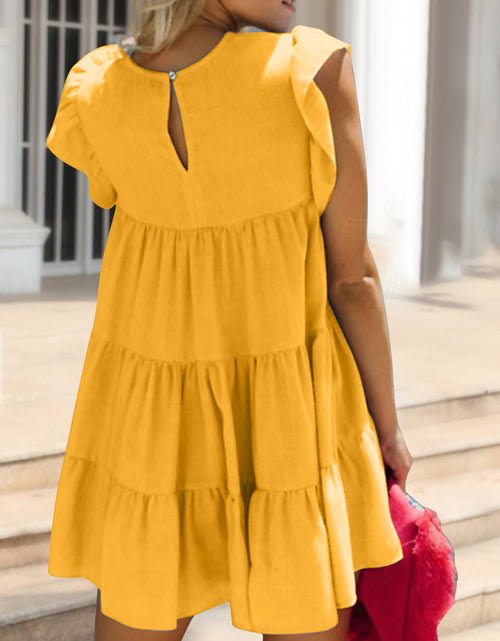 Load image into Gallery viewer, Ruched Round Neck Cap Sleeve Mini Dress
