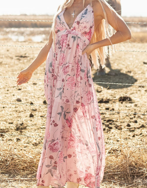 Load image into Gallery viewer, Floral Pleated Deep V Backless Maxi Dress
