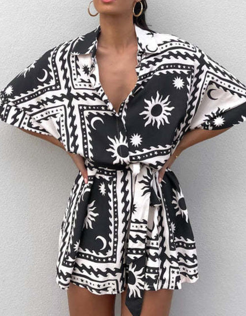 Load image into Gallery viewer, Printed Tie Waist Half Sleeve Romper
