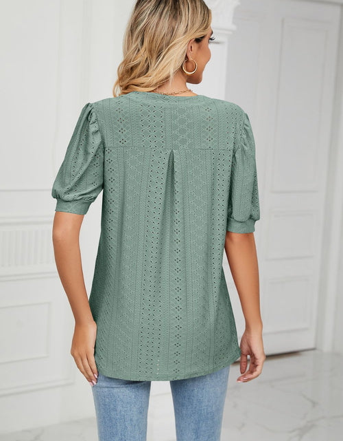Load image into Gallery viewer, Eyelet Short Puff Sleeve Notched Neck Top
