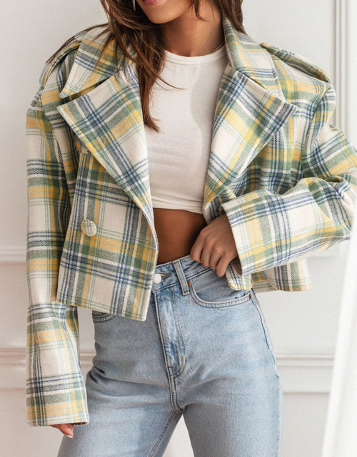 Load image into Gallery viewer, Lapel Collar Plaid Cropped Jacket
