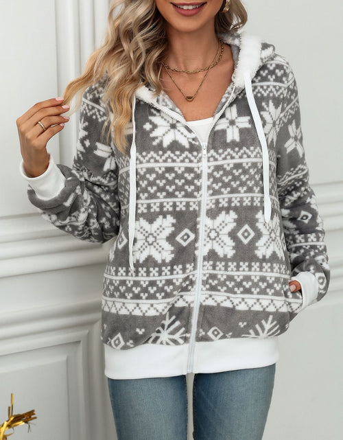 Load image into Gallery viewer, Drawstring Snowflake Zip Up Hooded Outerwear
