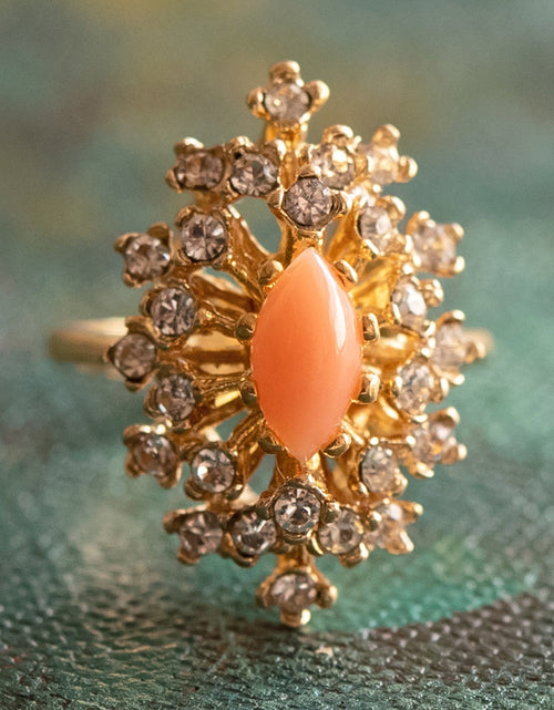 Load image into Gallery viewer, Vintage Ring Genuine Opal with Clear and Ruby Austrian Crystals 18kt Yellow Gold Electroplated by PVD Vintage Jewelry
