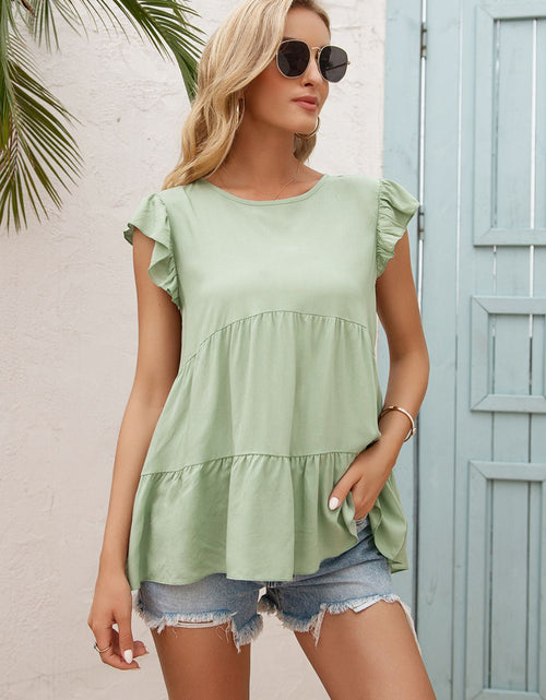 Load image into Gallery viewer, Ivy Lane Round Neck Flutter Sleeve Tiered Blouse
