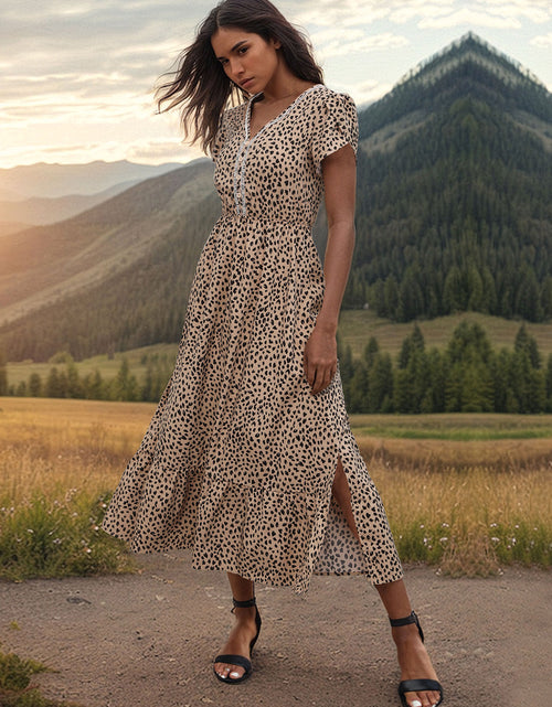 Load image into Gallery viewer, Perfee Slit Printed V-Neck Short Sleeve Dress
