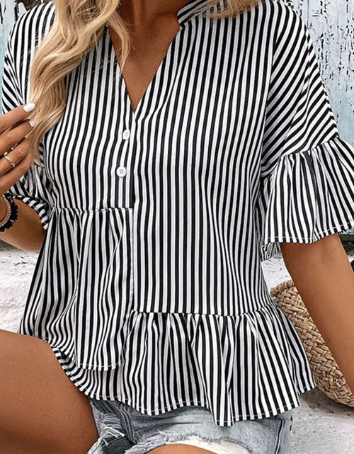 Load image into Gallery viewer, Perfee Striped Asymmetrical Flounce Sleeve Blouse
