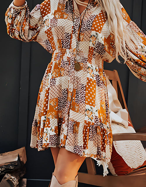 Load image into Gallery viewer, Printed Collared Neck Three-Quarter Sleeve Mini Shirt Dress
