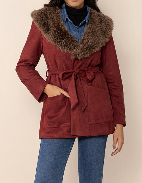 Load image into Gallery viewer, Fuzzy Collared Neck Tie Waist Jacket
