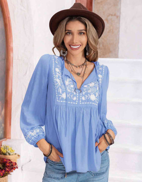 Load image into Gallery viewer, Floral Tie Neck Balloon Sleeve Blouse
