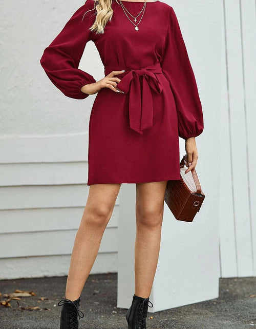 Load image into Gallery viewer, Tied Boat Neck Balloon Sleeve Mini Dress
