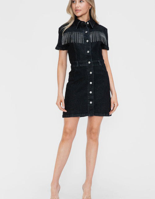 Load image into Gallery viewer, bytos Full Size Embellished Button Down Short Sleeve Denim Dress
