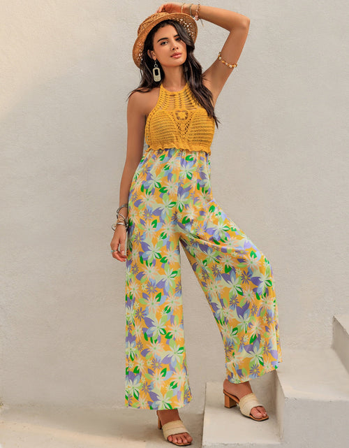 Load image into Gallery viewer, Openwork Halter Neck Floral Wide Leg Jumpsuit
