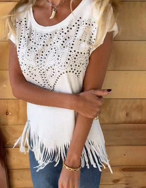 Load image into Gallery viewer, Studded Fringe Round Neck Cap Sleeve T-Shirt
