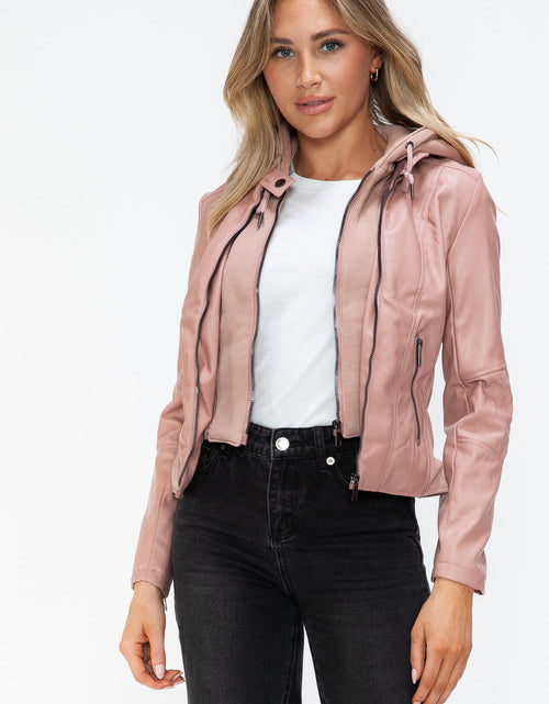 Load image into Gallery viewer, Snobbish Faux Leather Zip Up Drawstring Hooded Jacket
