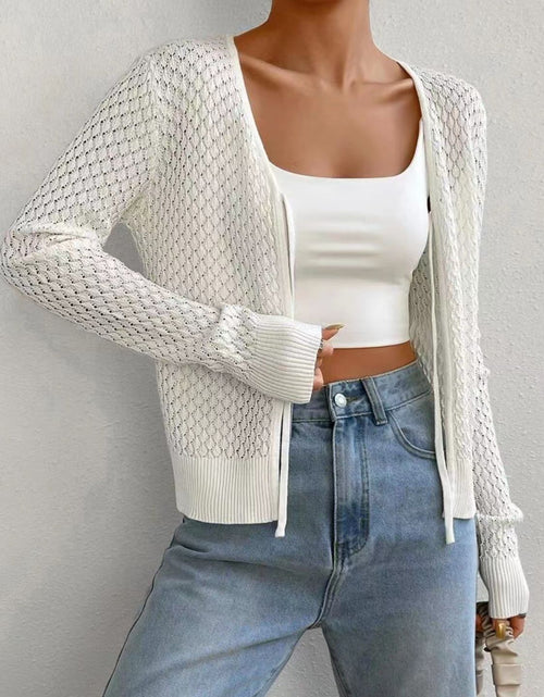 Load image into Gallery viewer, Tied Openwork V-Neck Long Sleeve Cardigan
