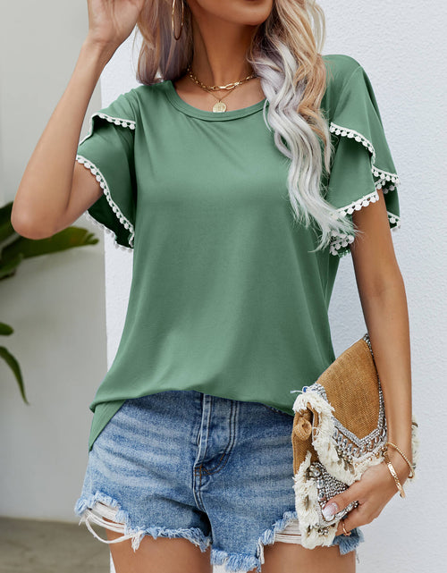 Load image into Gallery viewer, Pom-Pom Trim Flutter Sleeve Round Neck Tee
