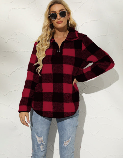 Load image into Gallery viewer, Shiny Plaid Half Zip Long Sleeve Sweatshirt
