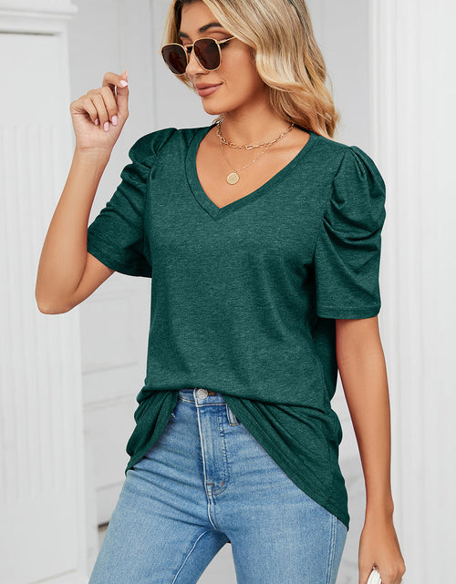 Load image into Gallery viewer, Heathered V-Neck Puff Sleeve T-Shirt
