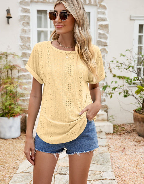 Load image into Gallery viewer, Full Size Round Neck Eyelet Short Sleeve Top
